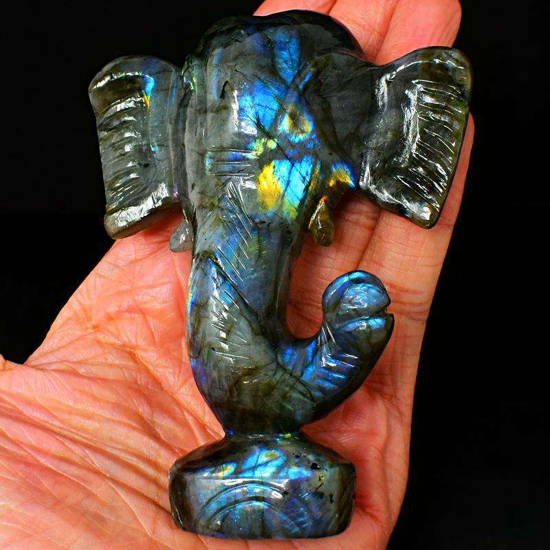 gemsmore:Blue Flash Labradorite Hand Carved Lord Ganesha Head