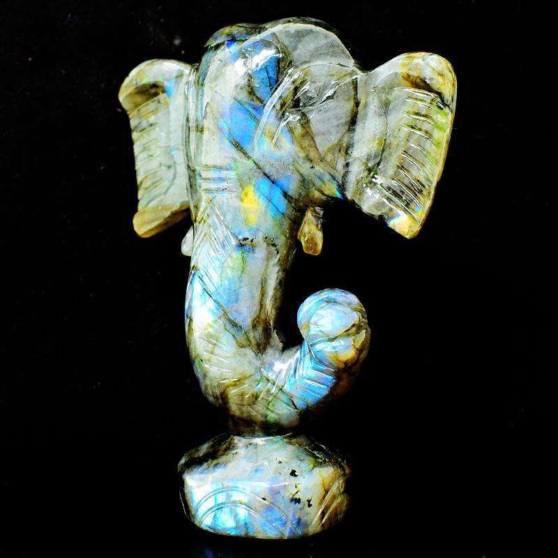 gemsmore:Blue Flash Labradorite Hand Carved Lord Ganesha Head