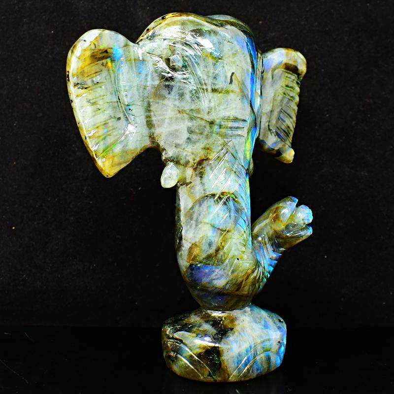 gemsmore:Blue Flash Labradorite Hand Carved Lord Ganesha Head