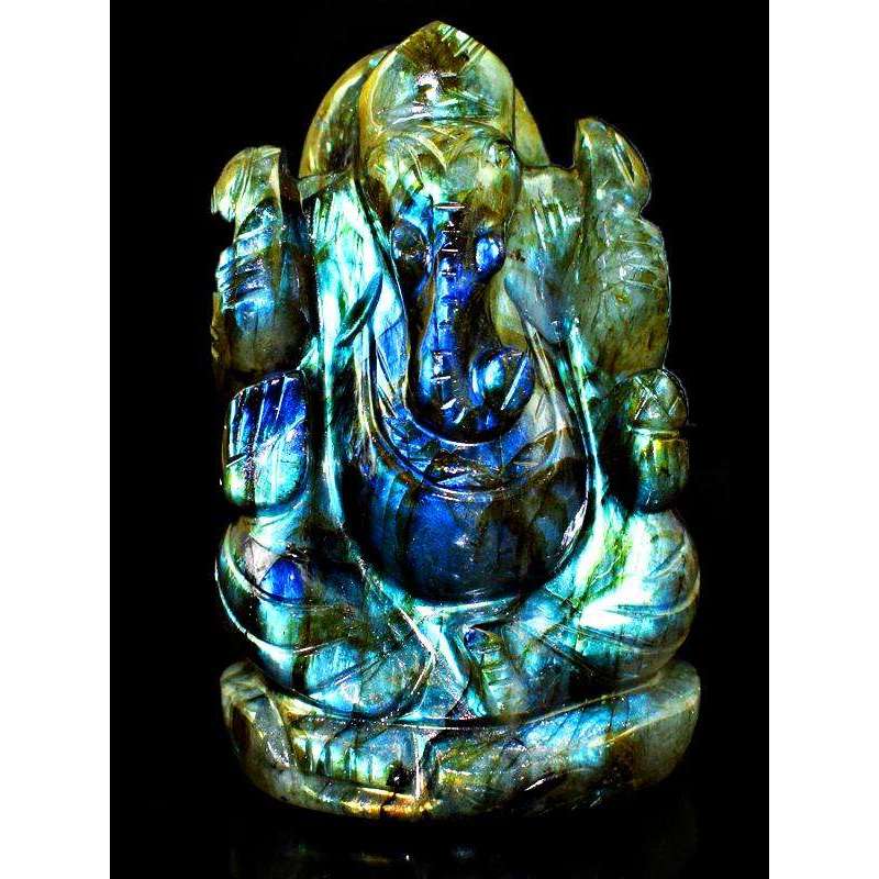 gemsmore:Blue Flash Labradorite Hand Carved Lord Ganesha Idol