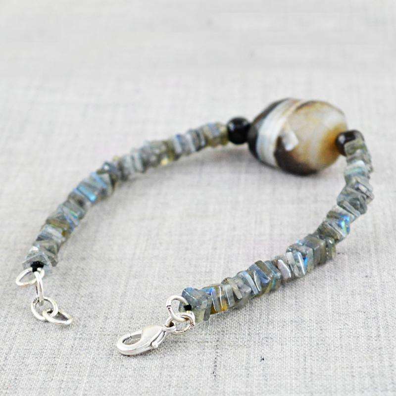 gemsmore:Blue Flash Labradorite & Onyx Bracelet Natural Untreated Beads