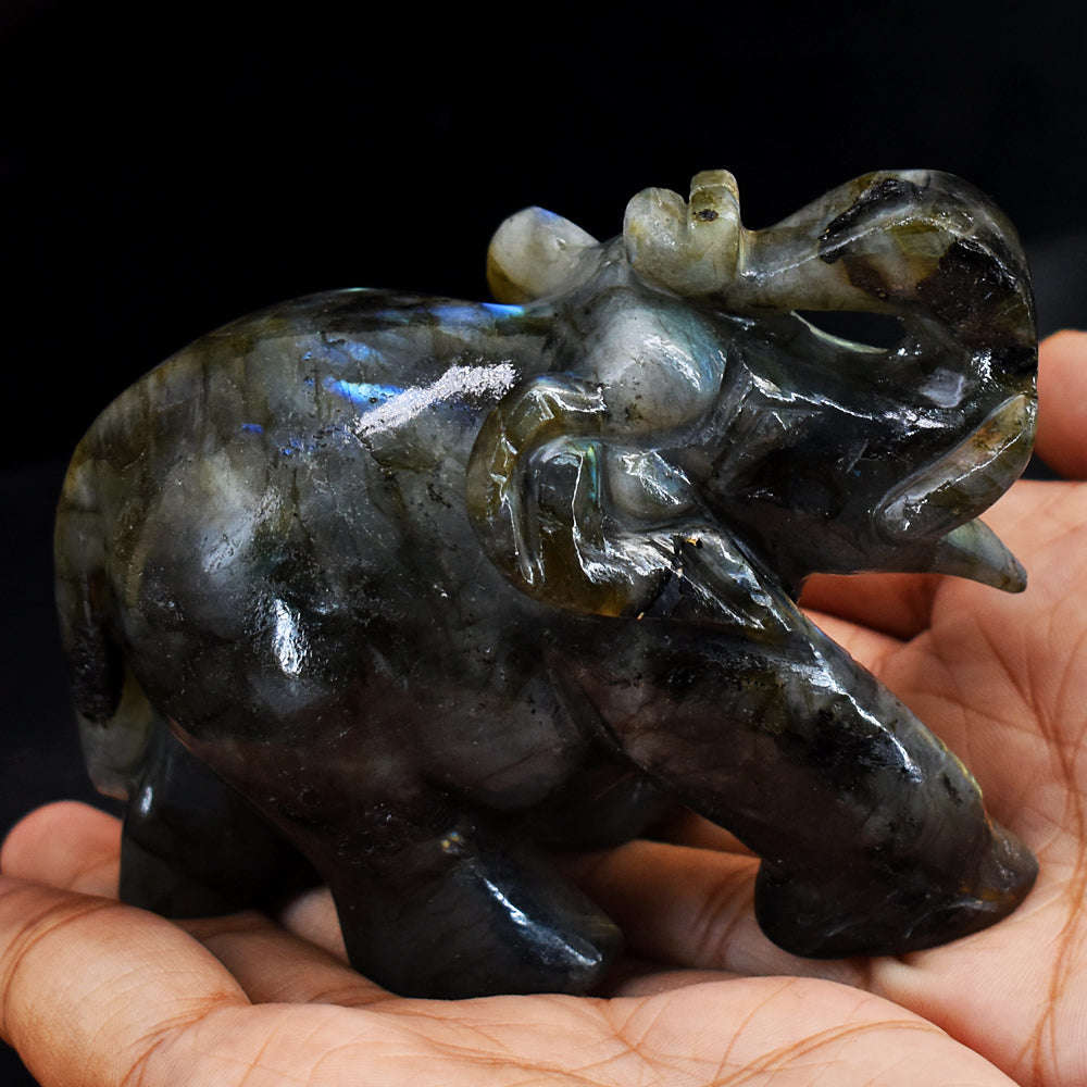 gemsmore:Blue & Golden Flash Labradorite Hand Carved Genuine Crystal Gemstone Carving Elephant