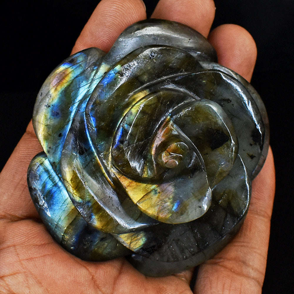 gemsmore:Blue & Golden Flash Labradorite Hand Carved Rose