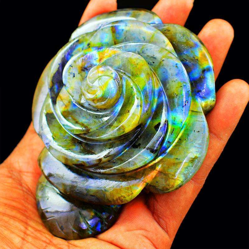 gemsmore:Blue & Golden Flash Labradorite Hand Carved Rose