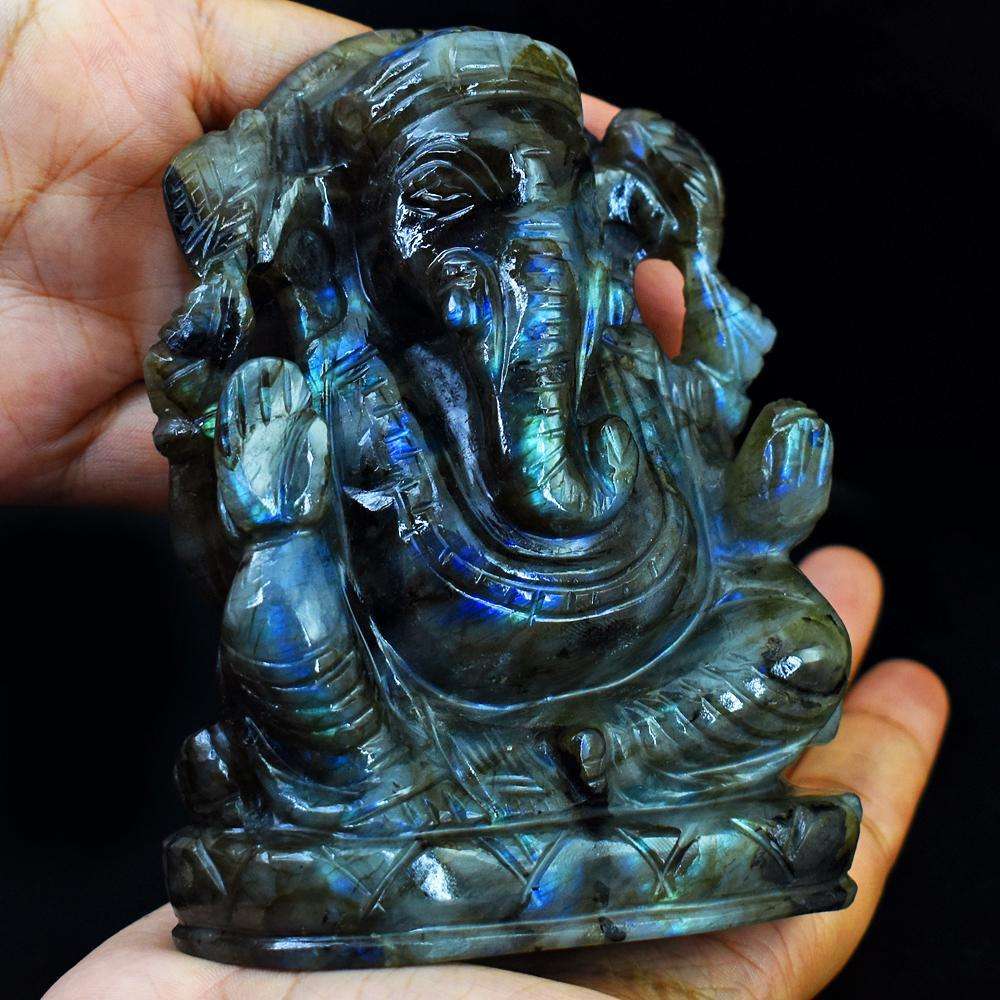 gemsmore:Blue & Green Flash Labradorite Carved Ganesha Idol