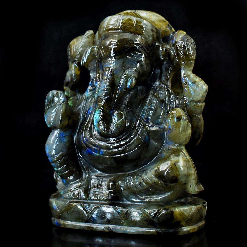 gemsmore:Blue & Green Flash Labradorite Carved Ganesha Idol