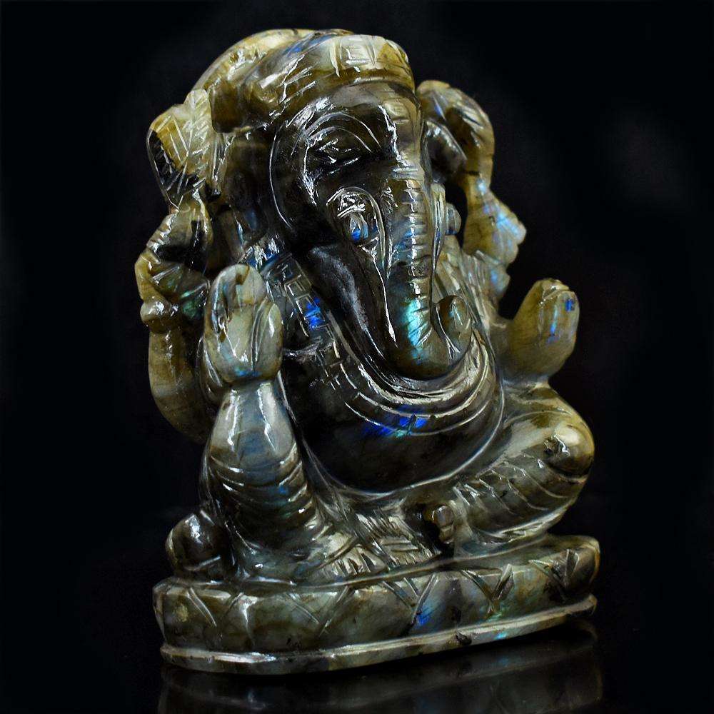 gemsmore:Blue & Green Flash Labradorite Carved Ganesha Idol
