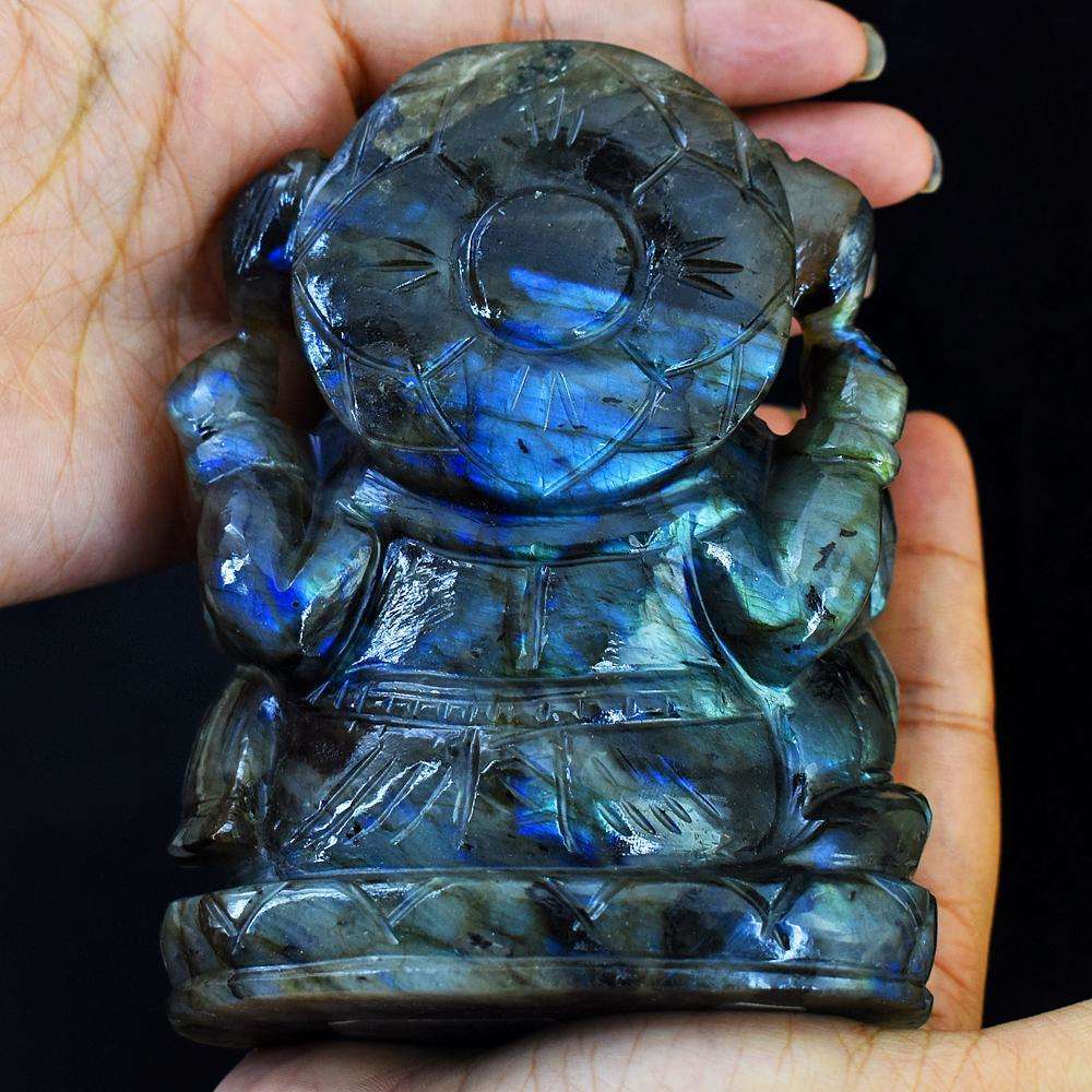 gemsmore:Blue & Green Flash Labradorite Carved Ganesha Idol