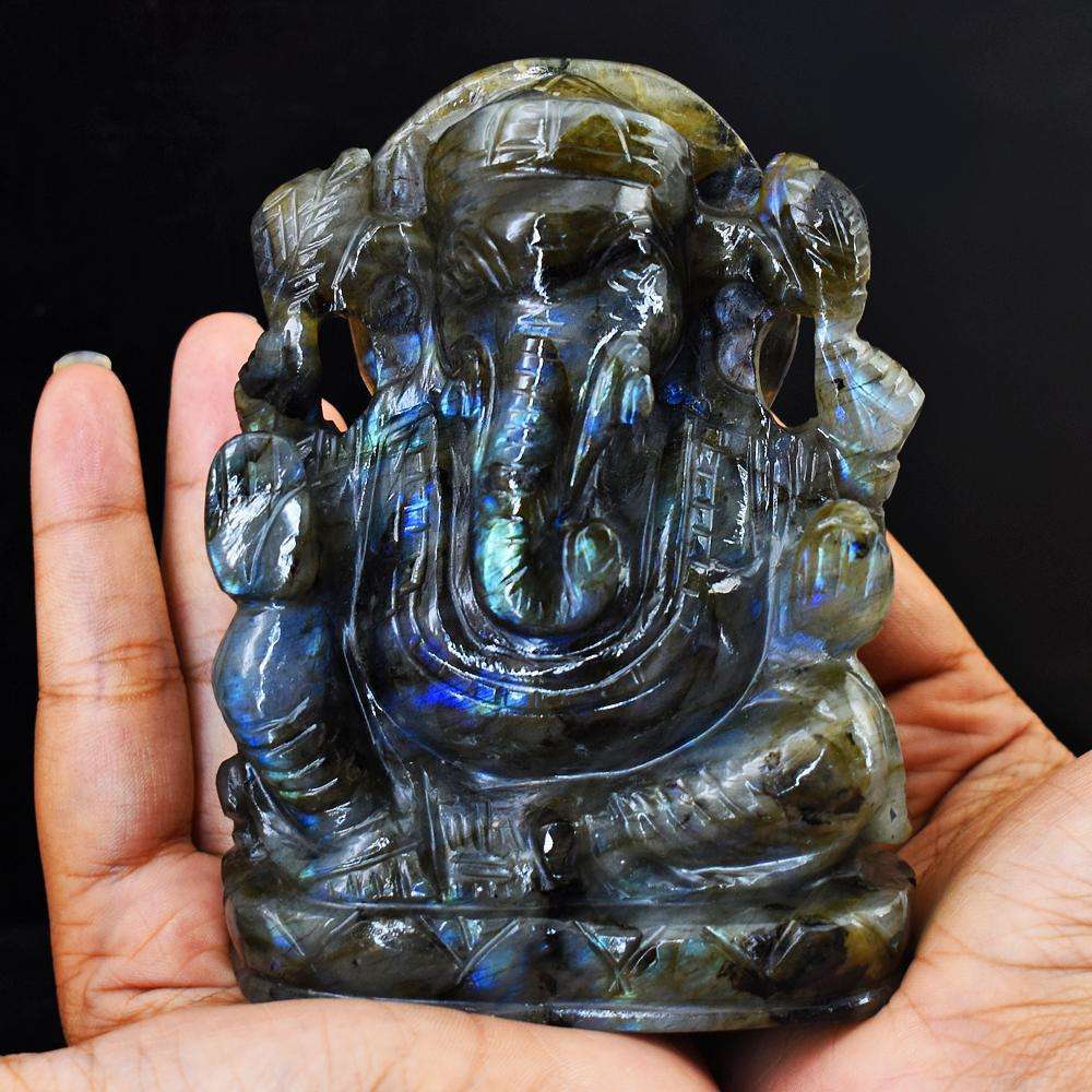 gemsmore:Blue & Green Flash Labradorite Carved Ganesha Idol