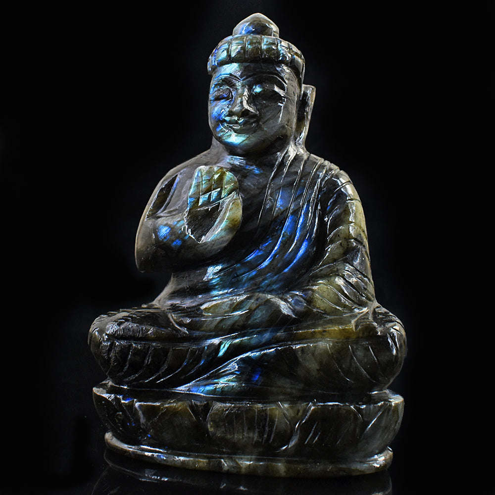 gemsmore:Blue & Green Flash Labradorite Hand Carved Lord Buddha