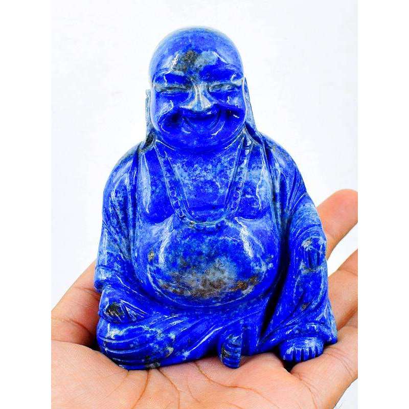 gemsmore:Blue Lapis Lazuli Hand Carved Laughing Buddha Idol Statute