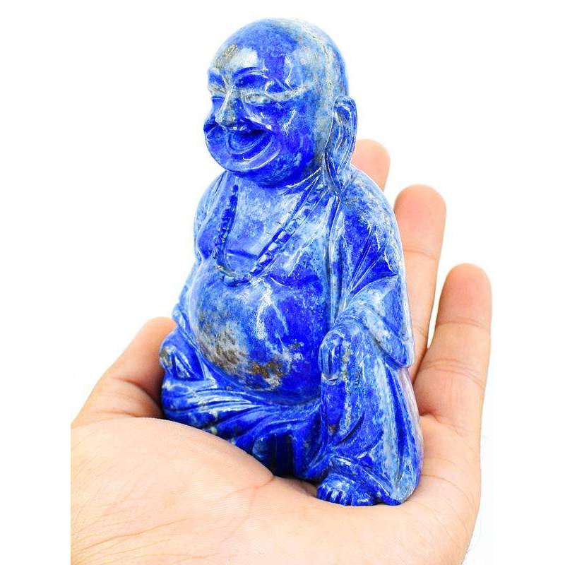 gemsmore:Blue Lapis Lazuli Hand Carved Laughing Buddha Idol Statute