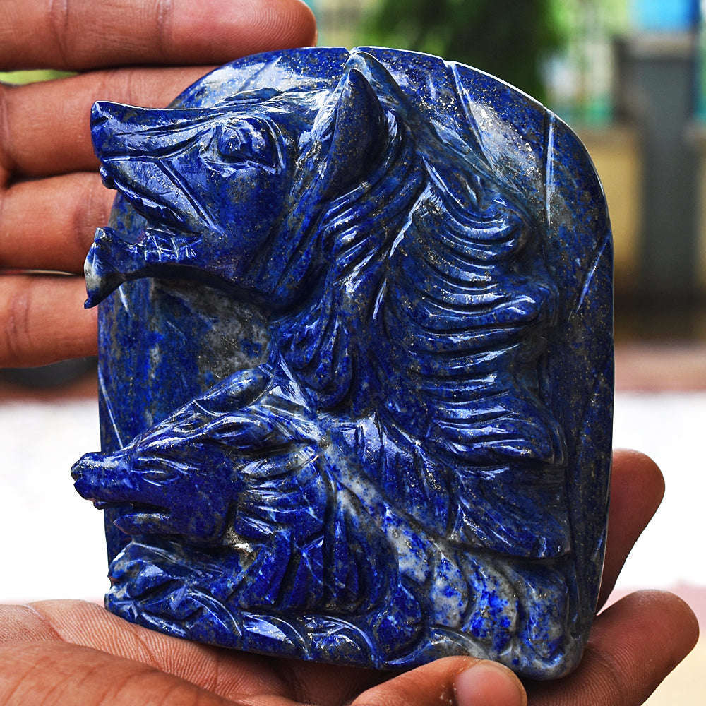 gemsmore:Blue Lapis Lazuli Hand Carved Wolf Head