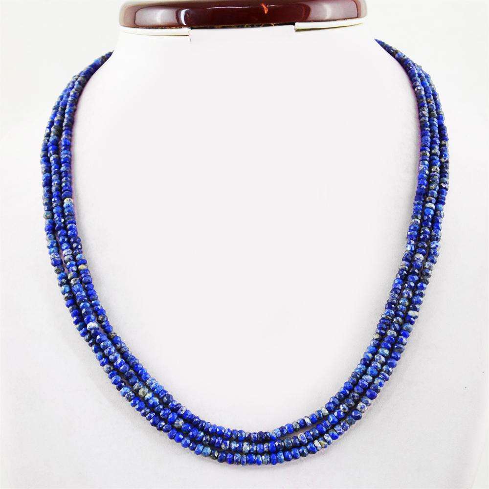 gemsmore:Blue Lapis Lazuli Round Cut Beads Necklace Natural 3 Strand