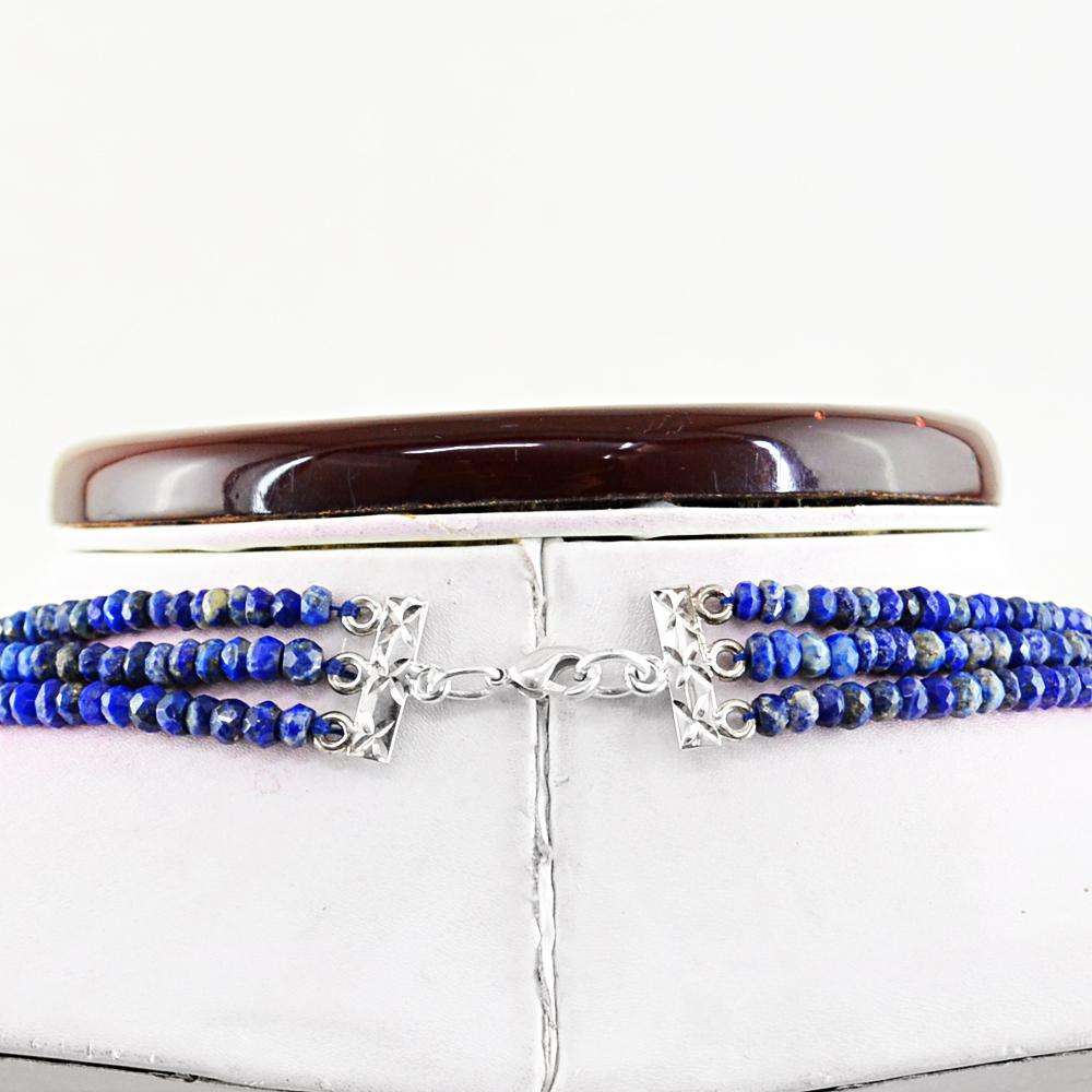 gemsmore:Blue Lapis Lazuli Round Cut Beads Necklace Natural 3 Strand