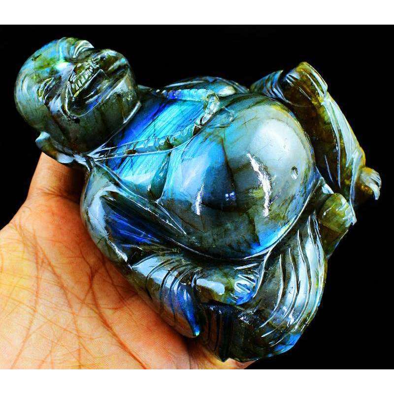 gemsmore:Carved Blue Flash Labradorite Laughing Buddha Idol