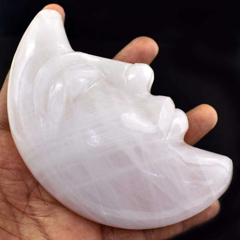 gemsmore:Carved Pink Rose Quartz Moon Face Gemstone