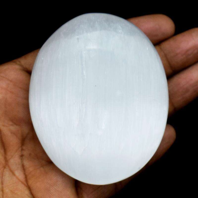 gemsmore:Carved Selenite Oval Shape Palm Gemstone