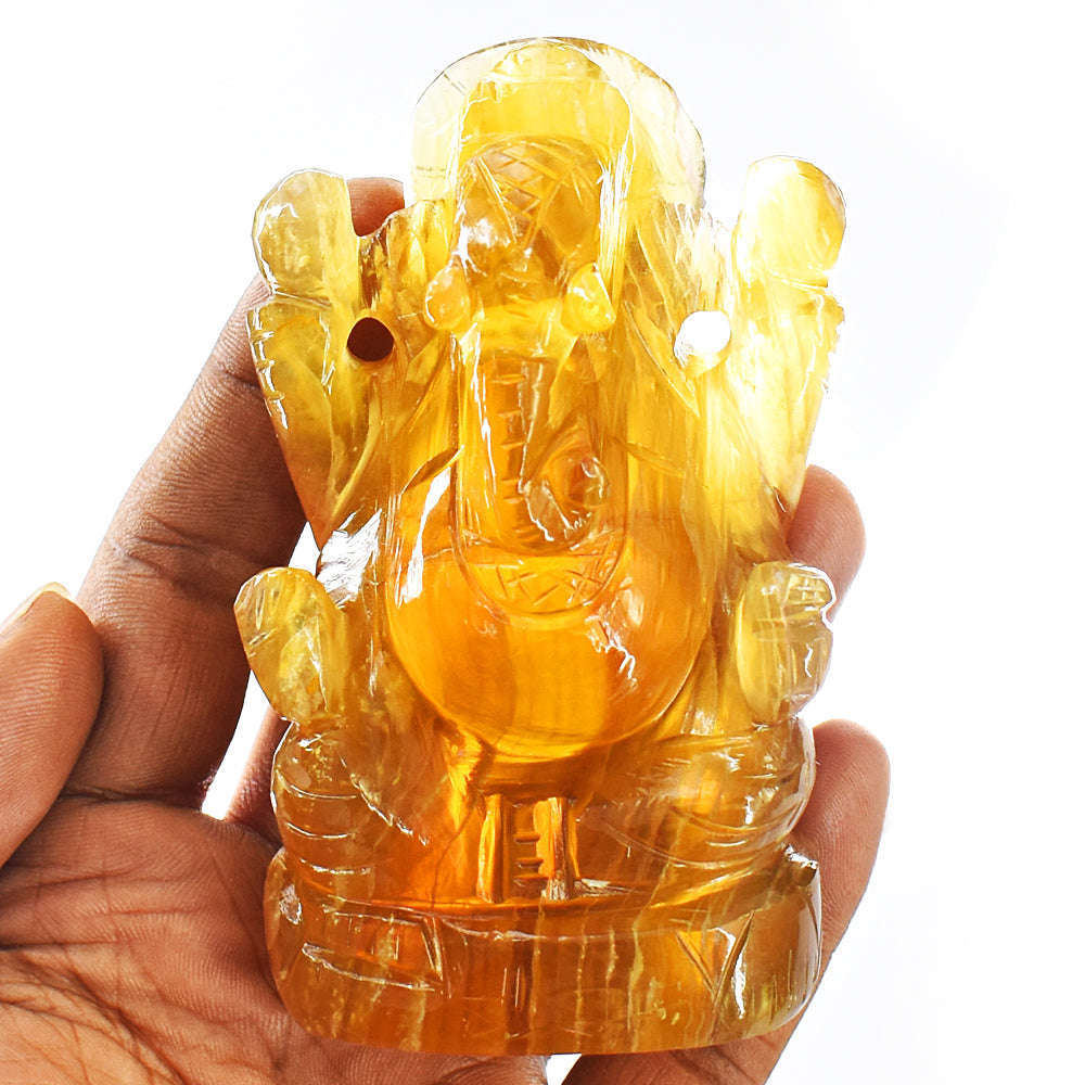 gemsmore:Champagne Fluorite Carved Lord Ganesha Idol