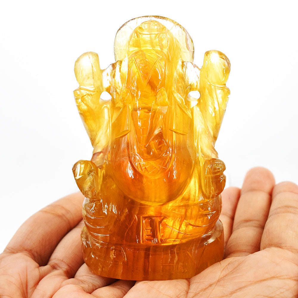 gemsmore:Champagne Fluorite Carved Lord Ganesha Idol