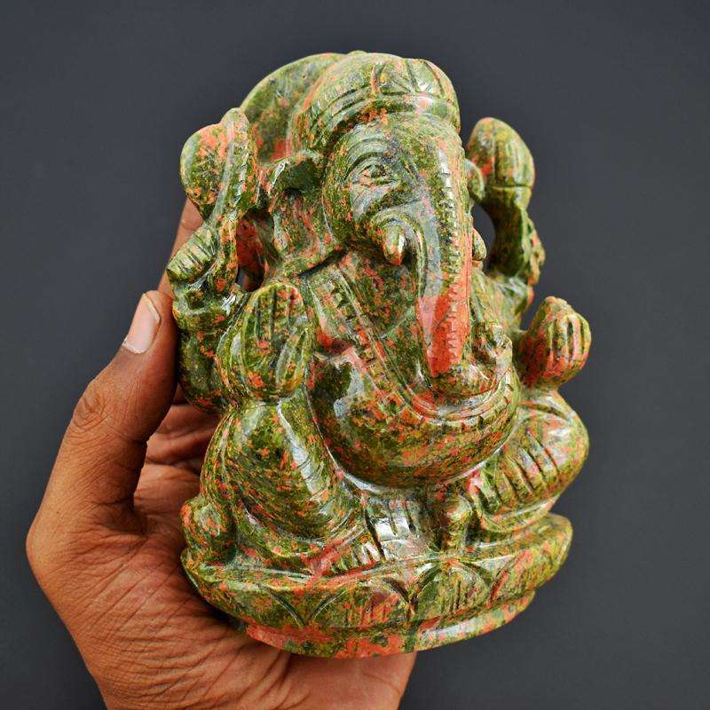 gemsmore:Collectors Piece - Genuine Unakite  Hand Carved Big  Ganesha