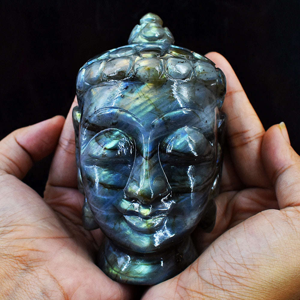 gemsmore:Craftsmen Amazing Flash Labradorite Hand Carved Buddha Head