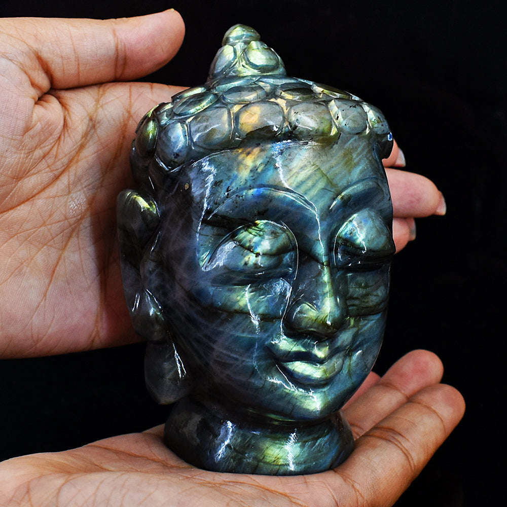 gemsmore:Craftsmen Amazing Flash Labradorite Hand Carved Buddha Head