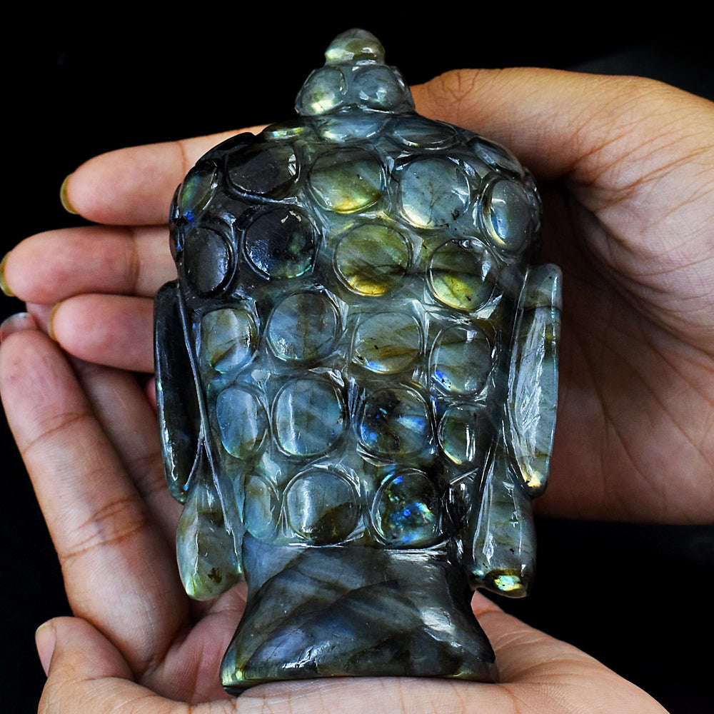 gemsmore:Craftsmen Amazing Flash Labradorite Hand Carved Buddha Head