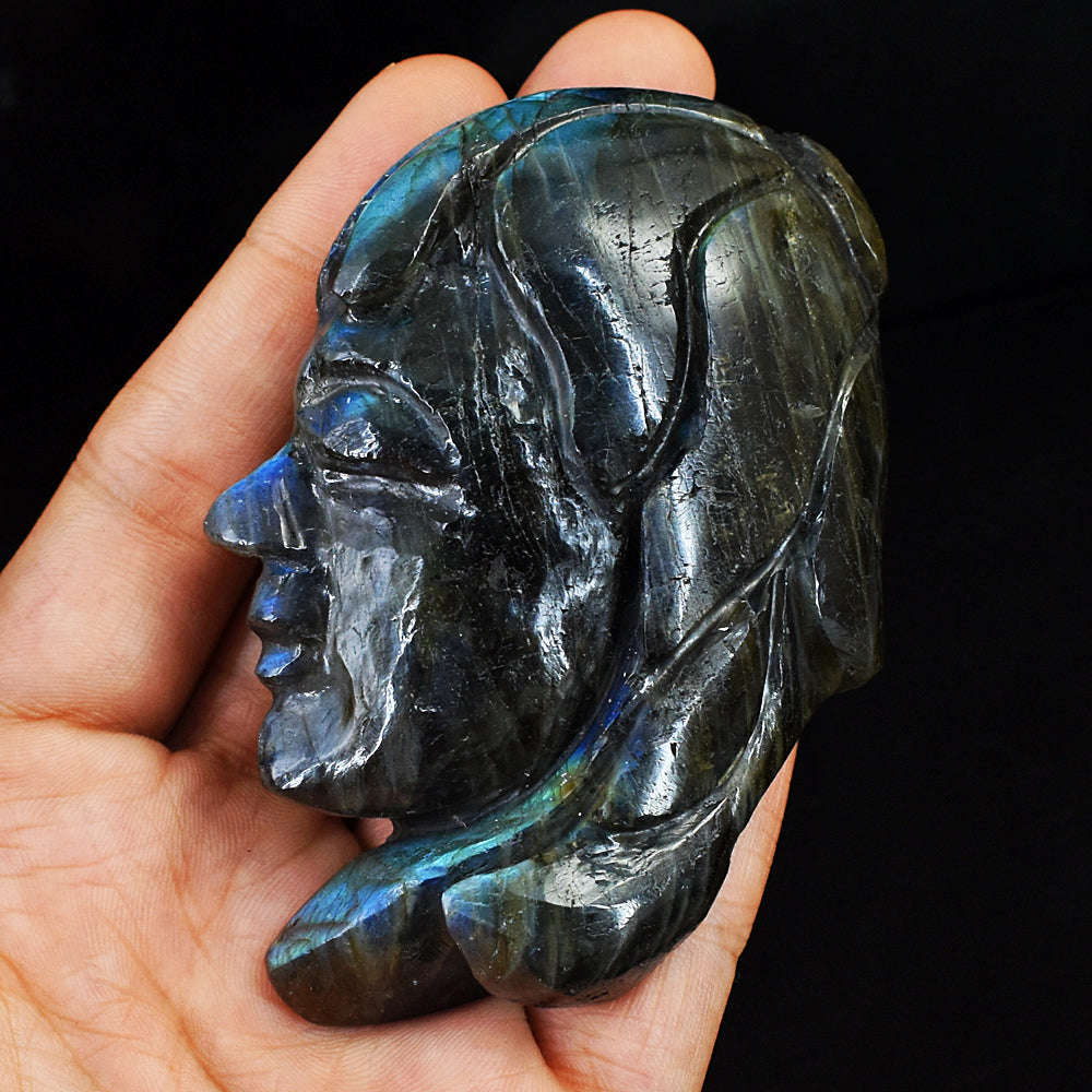 gemsmore:Craftsmen Blue Flash Labradorite Hand Carved Genuine Crystal Gemstone Carving Indo American Head