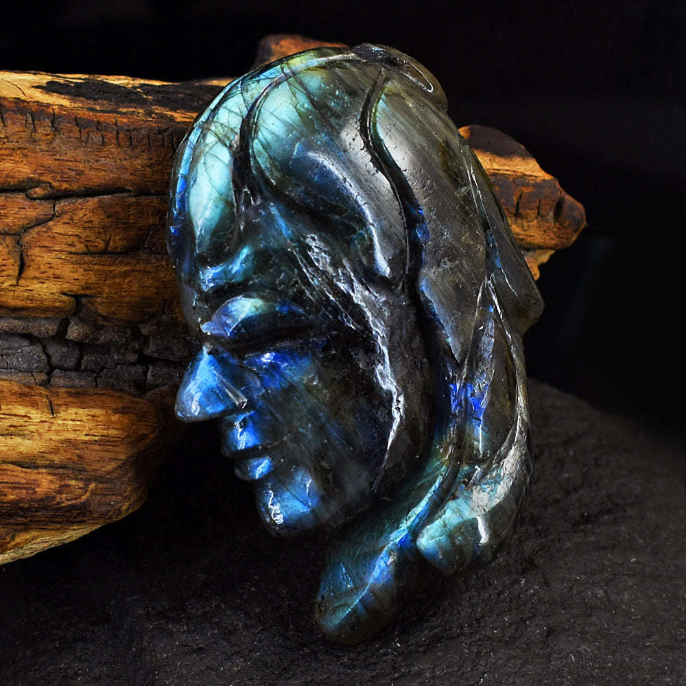 gemsmore:Craftsmen Blue Flash Labradorite Hand Carved Genuine Crystal Gemstone Carving Indo American Head