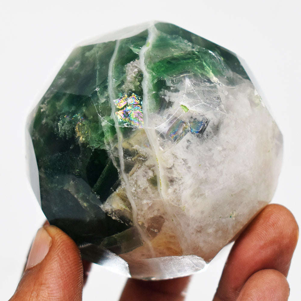 gemsmore:Craftsmen Fluorite Hand Carved Checkers Cut Crystal Healing Sphere