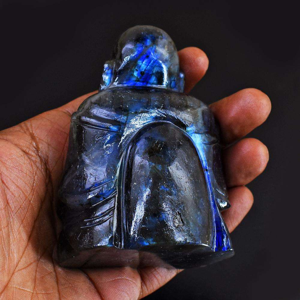 gemsmore:Craftsmen Hand Carved Blue Flash Labradorite Laughing Buddha Idol