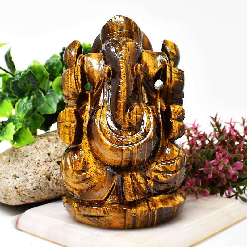 gemsmore:Craftsmen Hand Carved Golden Tiger Eye Lord Ganesha Idol