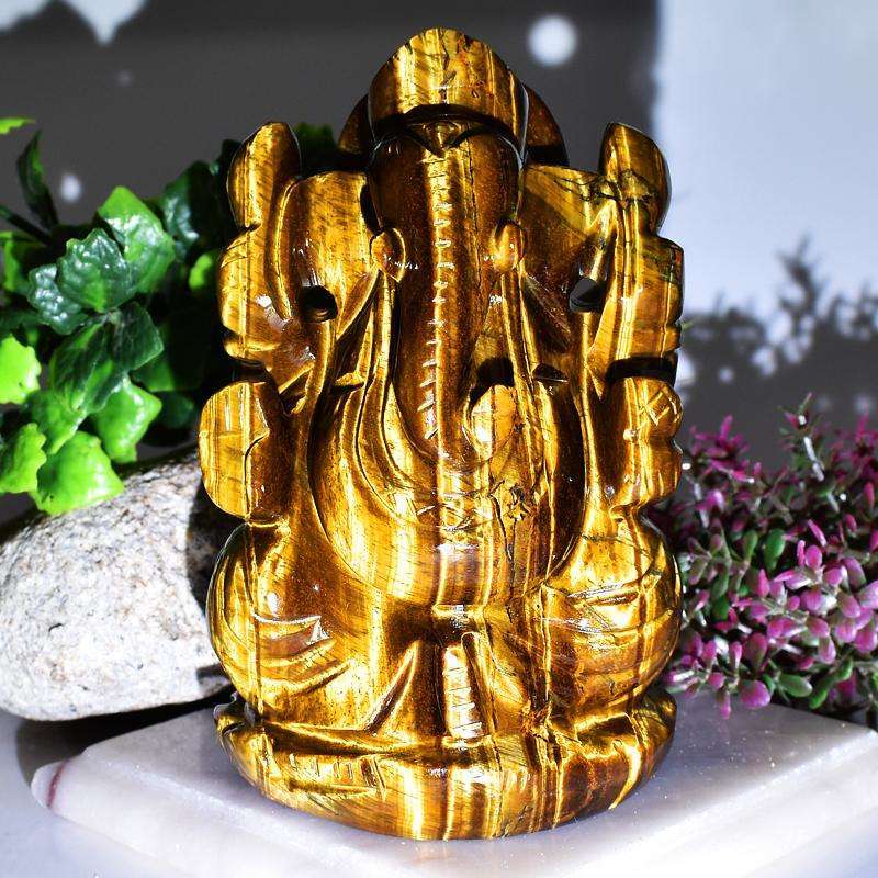 gemsmore:Craftsmen Hand Carved Golden Tiger Eye Lord Ganesha Idol