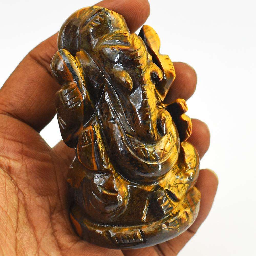 gemsmore:Craftsmen Hand Carved Golden Tiger Eye Lord Ganesha Idol