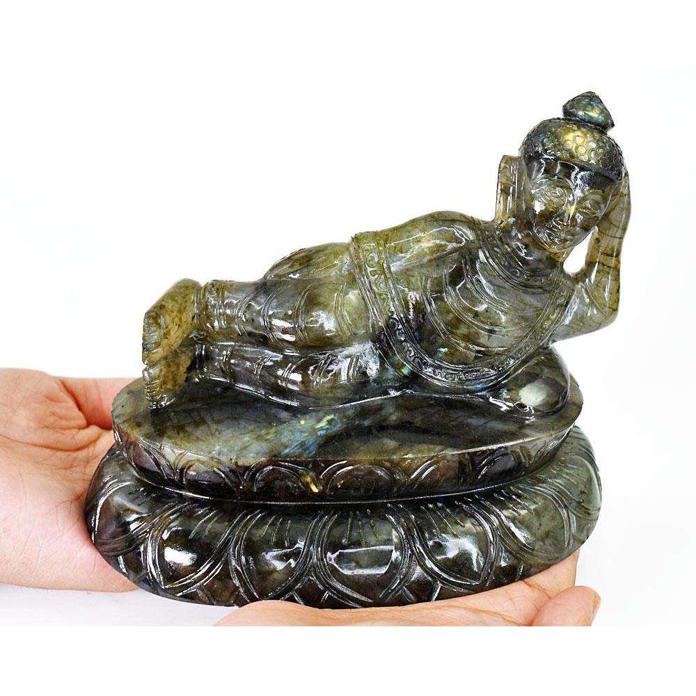 gemsmore:Craftsmen  Labradorite Hand Carved Genuine Crystal Gemstone Carving Huge Sleeping Lord Buddha