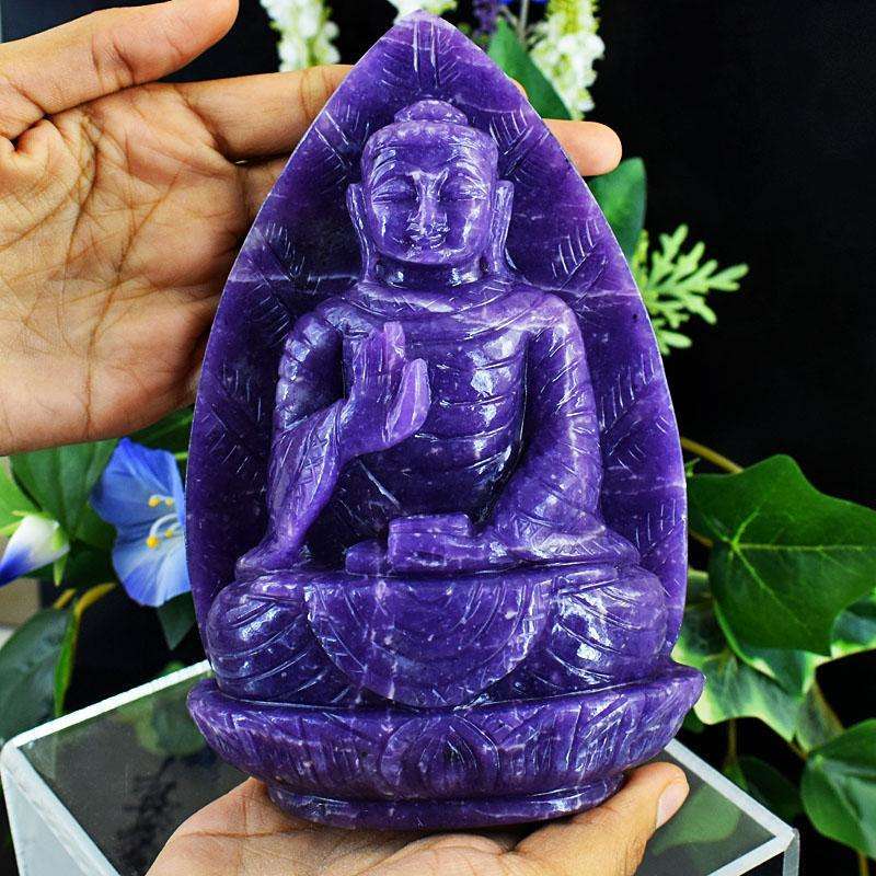 gemsmore:Craftsmen Lepidolite Hand Carved Genuine Crystal Gemstone Carving Leaf Palm Lord Buddha