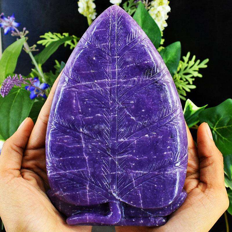 gemsmore:Craftsmen Lepidolite Hand Carved Genuine Crystal Gemstone Carving Leaf Palm Lord Buddha