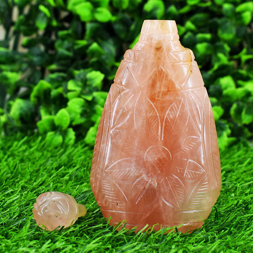 gemsmore:Craftsmen Rose Quartz  Hand Carved Genuine Crystal Gemstone Carving Perfume Bottle