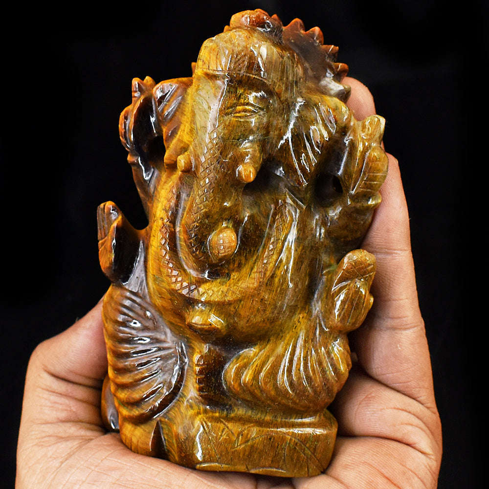 gemsmore:Craftsmen Tiger Eye Hand Carved Genuine Crystal Gemstone Carving Lord Ganesha