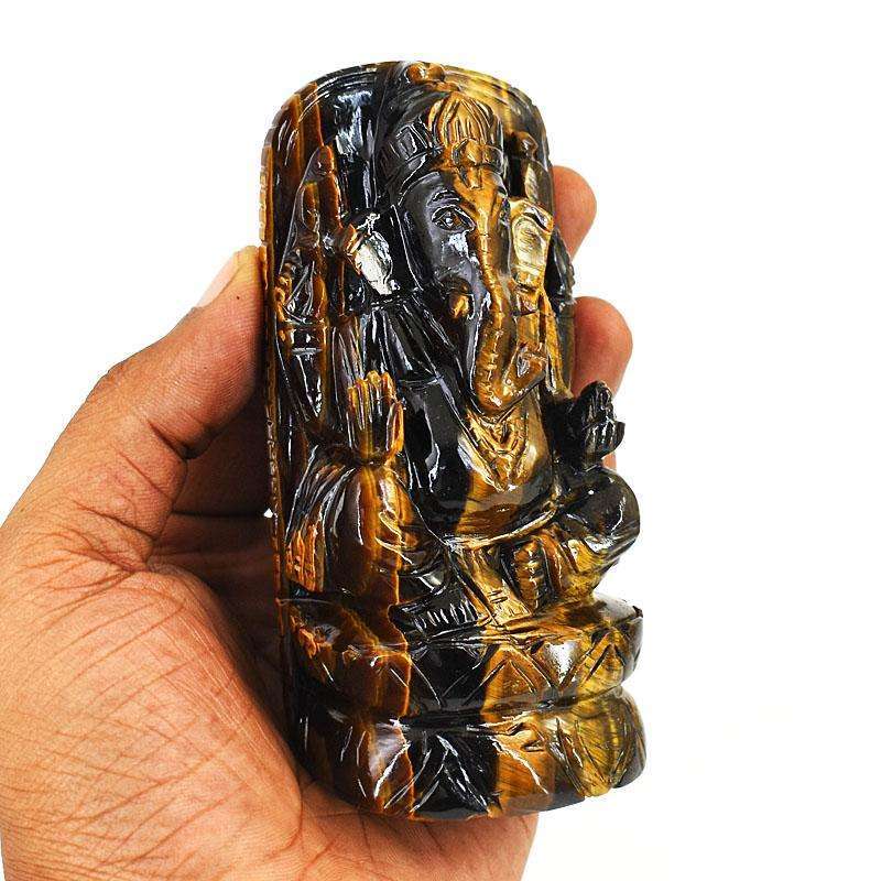 gemsmore:Craftsmen Tiger Eye Hand Carved Genuine Crystal Gemstone Carving Lord Ganesha
