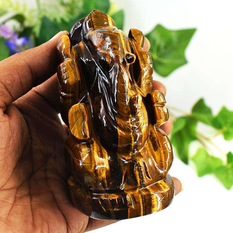 gemsmore:Craftsmen Tiger Eye Hand Carved Genuine Crystal Gemstone Carving Lord Ganesha