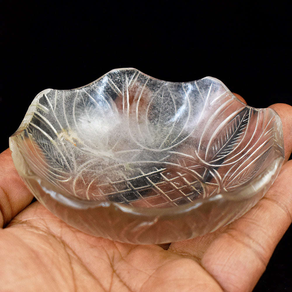 gemsmore:Craftsmen White Quartz Hand Carved Genuine Crystal Gemstone Carving Bowl