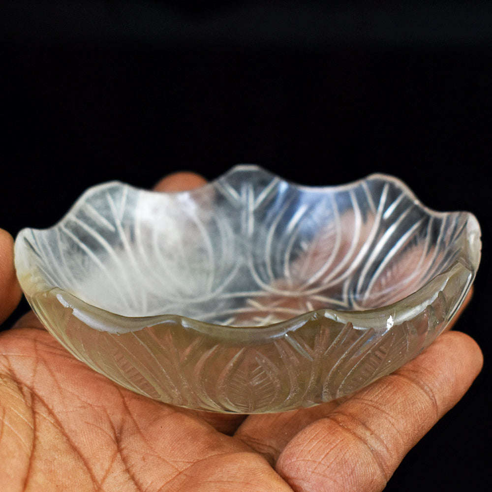 gemsmore:Craftsmen White Quartz Hand Carved Genuine Crystal Gemstone Carving Bowl