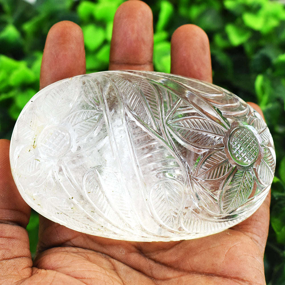 gemsmore:Craftsmen White Quartz Hand Carved Genuine Crystal Gemstone Carving Mughal Carved Cabochon