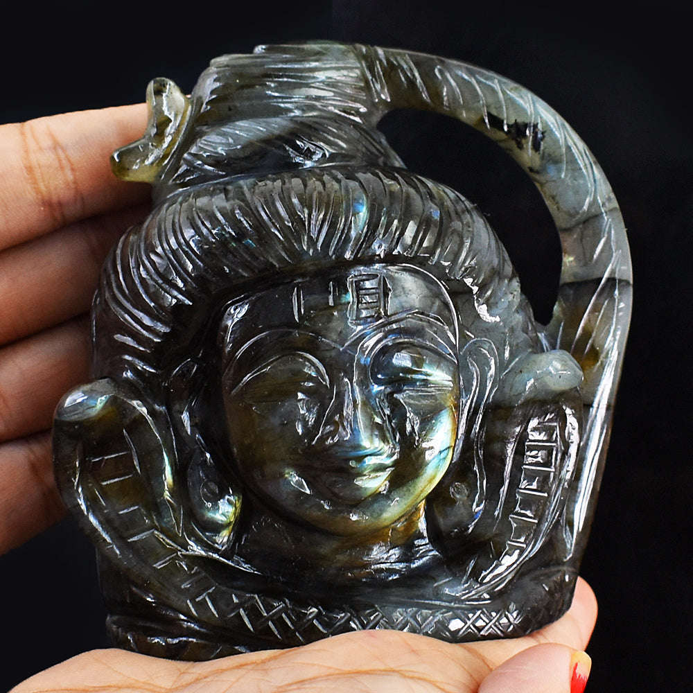 gemsmore:Exclusive Amazing Flash Labradorite Carved Lord Shiva Head