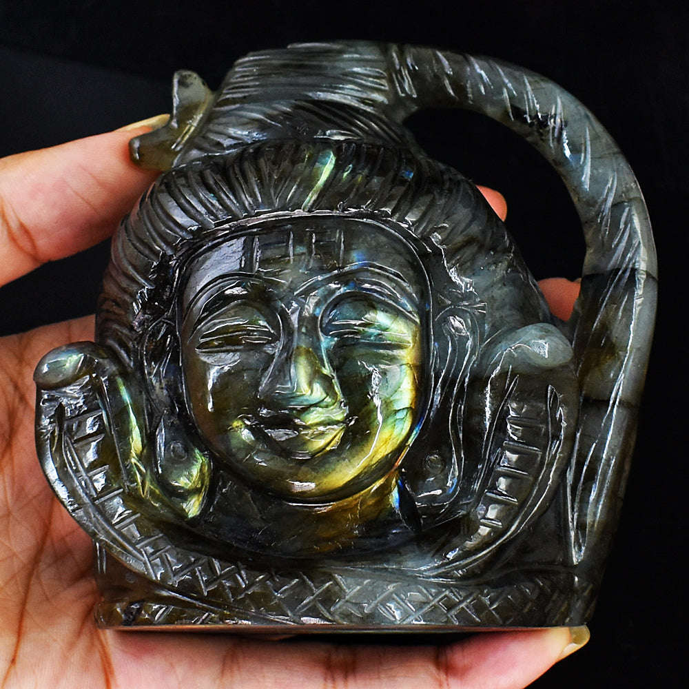 gemsmore:Exclusive Amazing Flash Labradorite Carved Lord Shiva Head