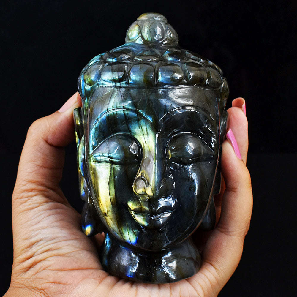 gemsmore:Exclusive Amazing Flash Labradorite Hand Carved Genuine Crystal Carving Buddha Head