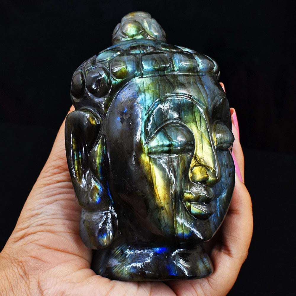 gemsmore:Exclusive Amazing Flash Labradorite Hand Carved Genuine Crystal Carving Buddha Head