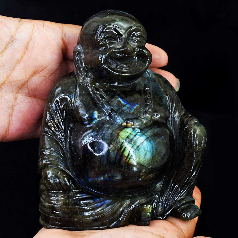 gemsmore:Exclusive Amazing Flash Labradorite Hand Carved Laughing Buddha